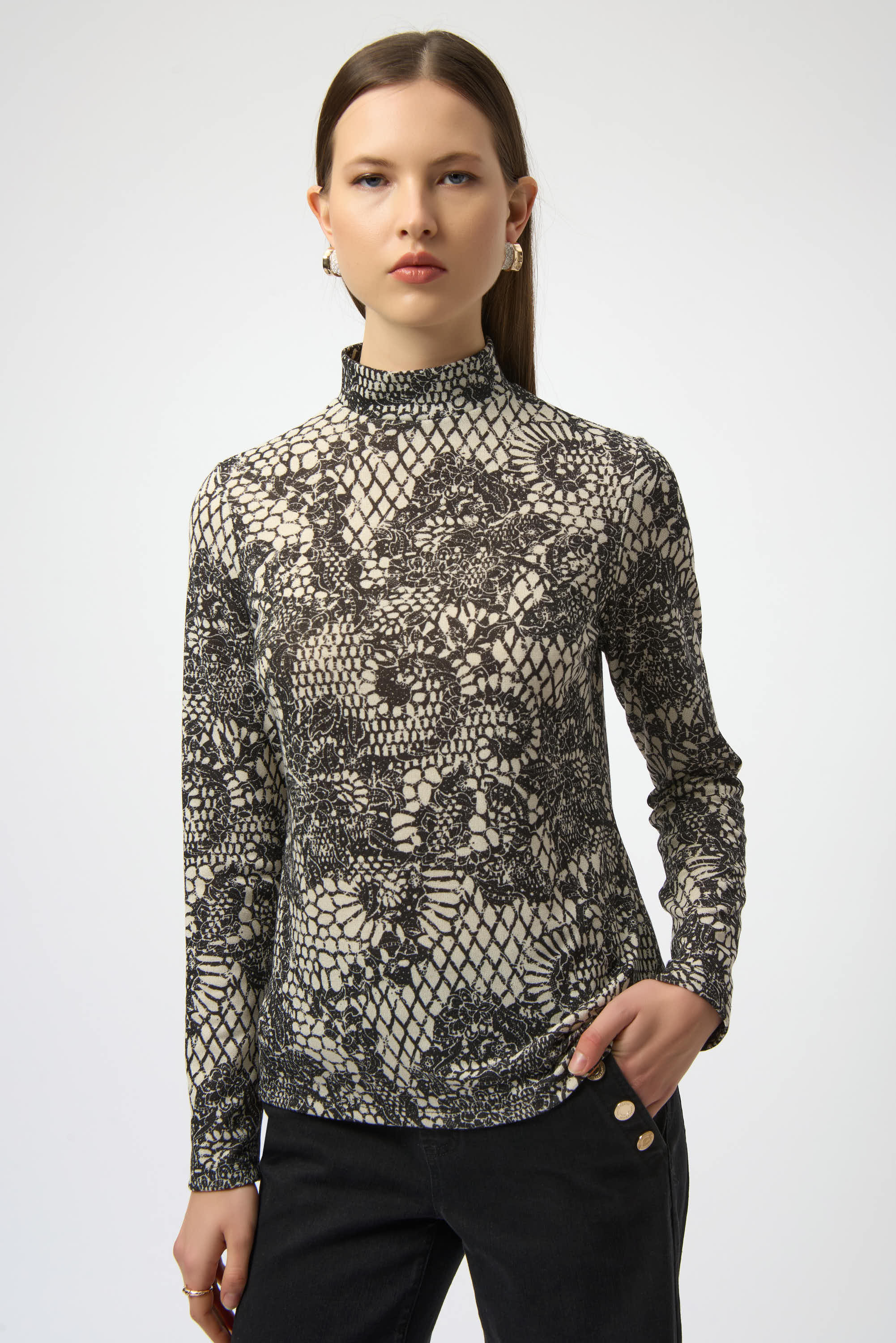 Joseph Ribkoff Lace Print Fitted Top 254028 - Winter White/ Black