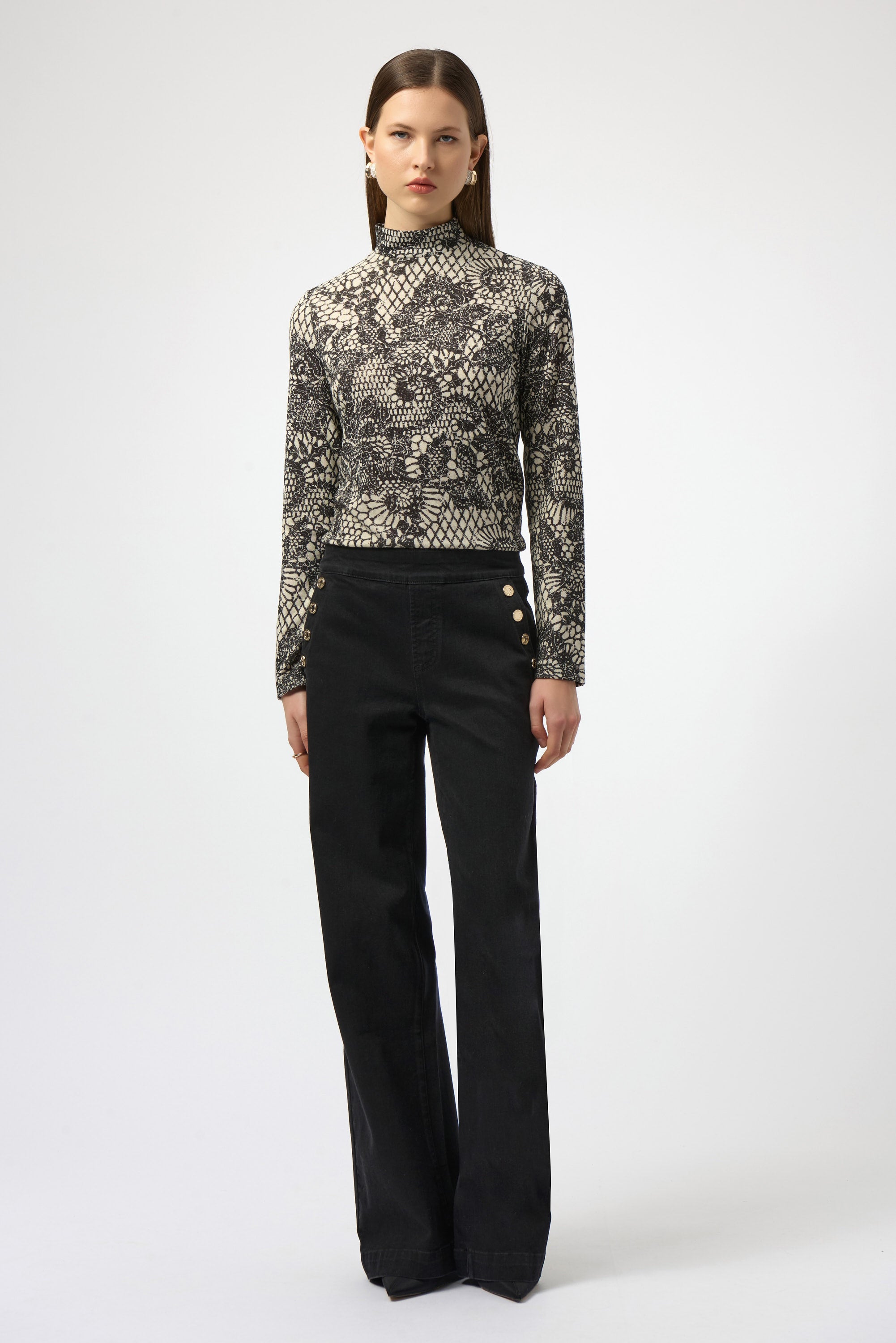 Joseph Ribkoff Lace Print Fitted Top 254028 - Winter White/ Black