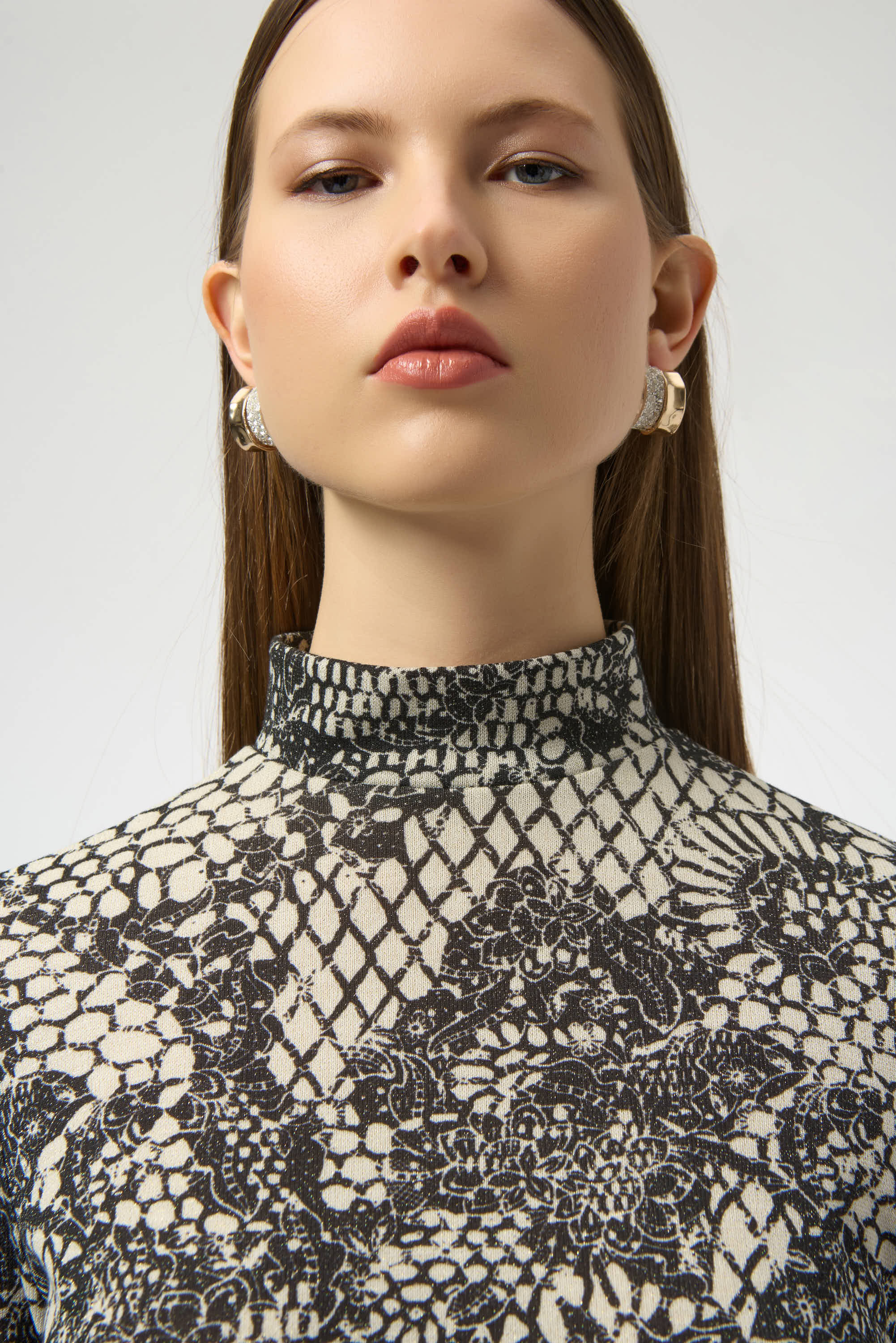 Joseph Ribkoff Lace Print Fitted Top 254028 - Winter White/ Black