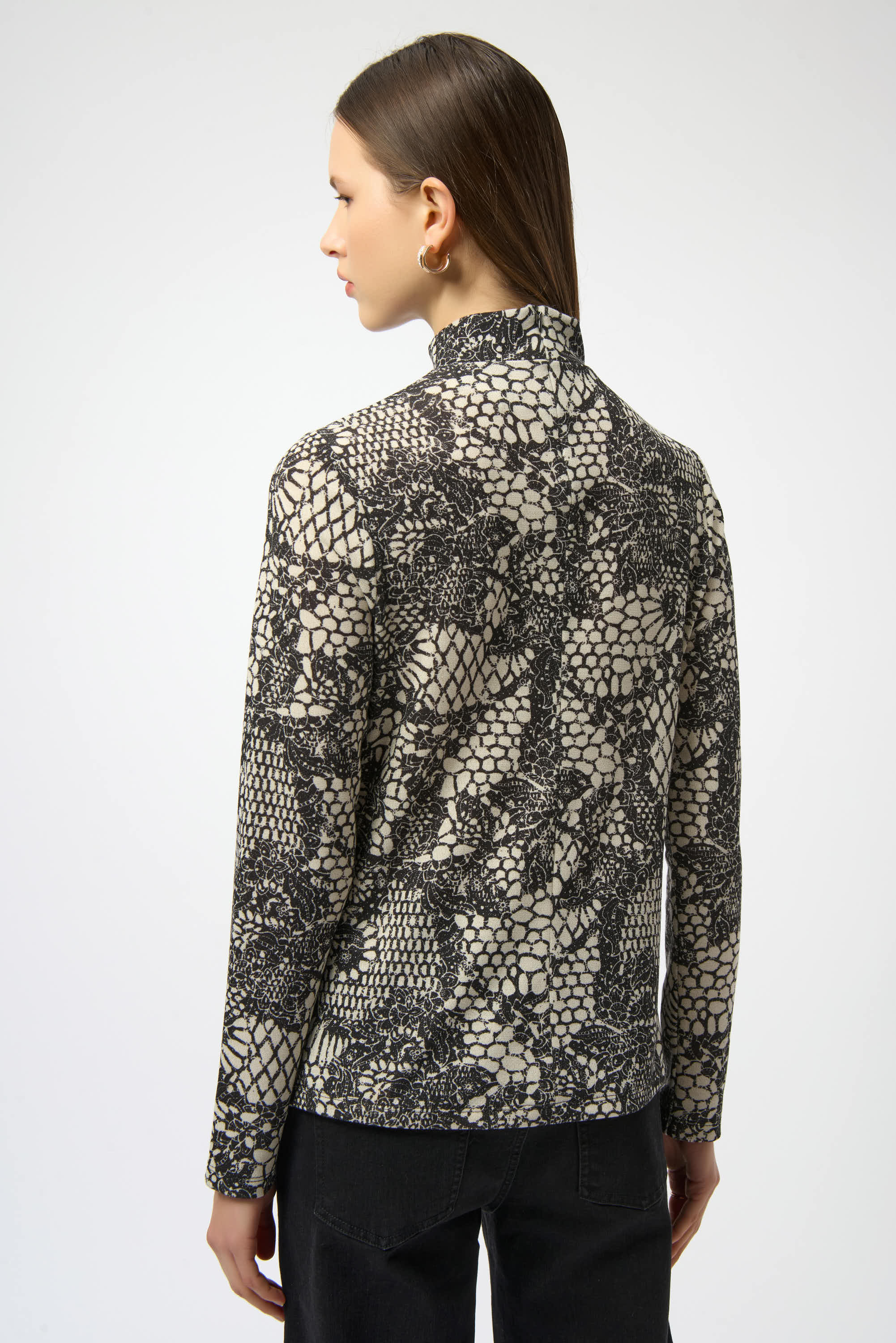 Joseph Ribkoff Lace Print Fitted Top 254028 - Winter White/ Black
