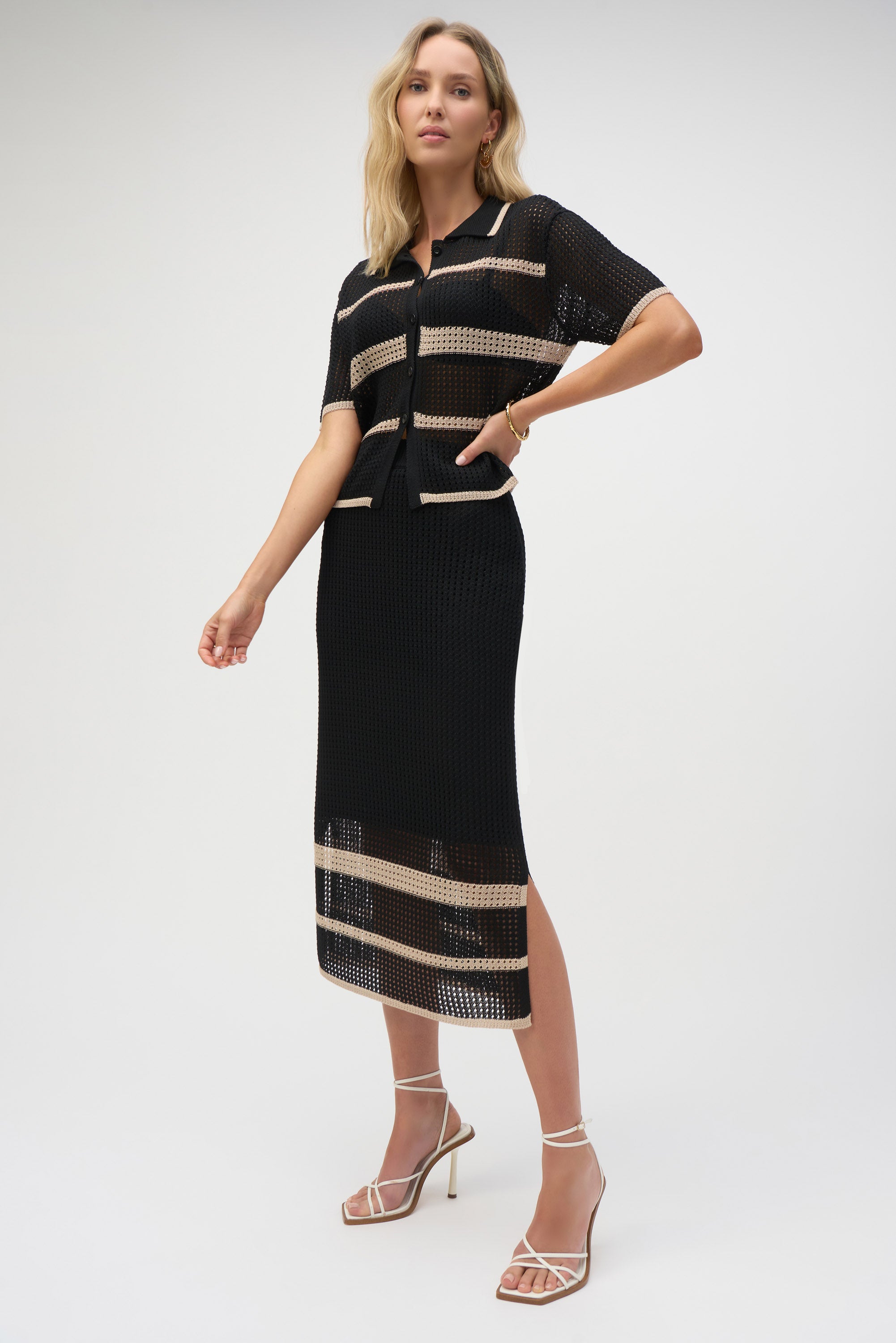 Joseph Ribkoff Knit Open Stitch Stripe Cover Up 252924 - Black/ Parchment