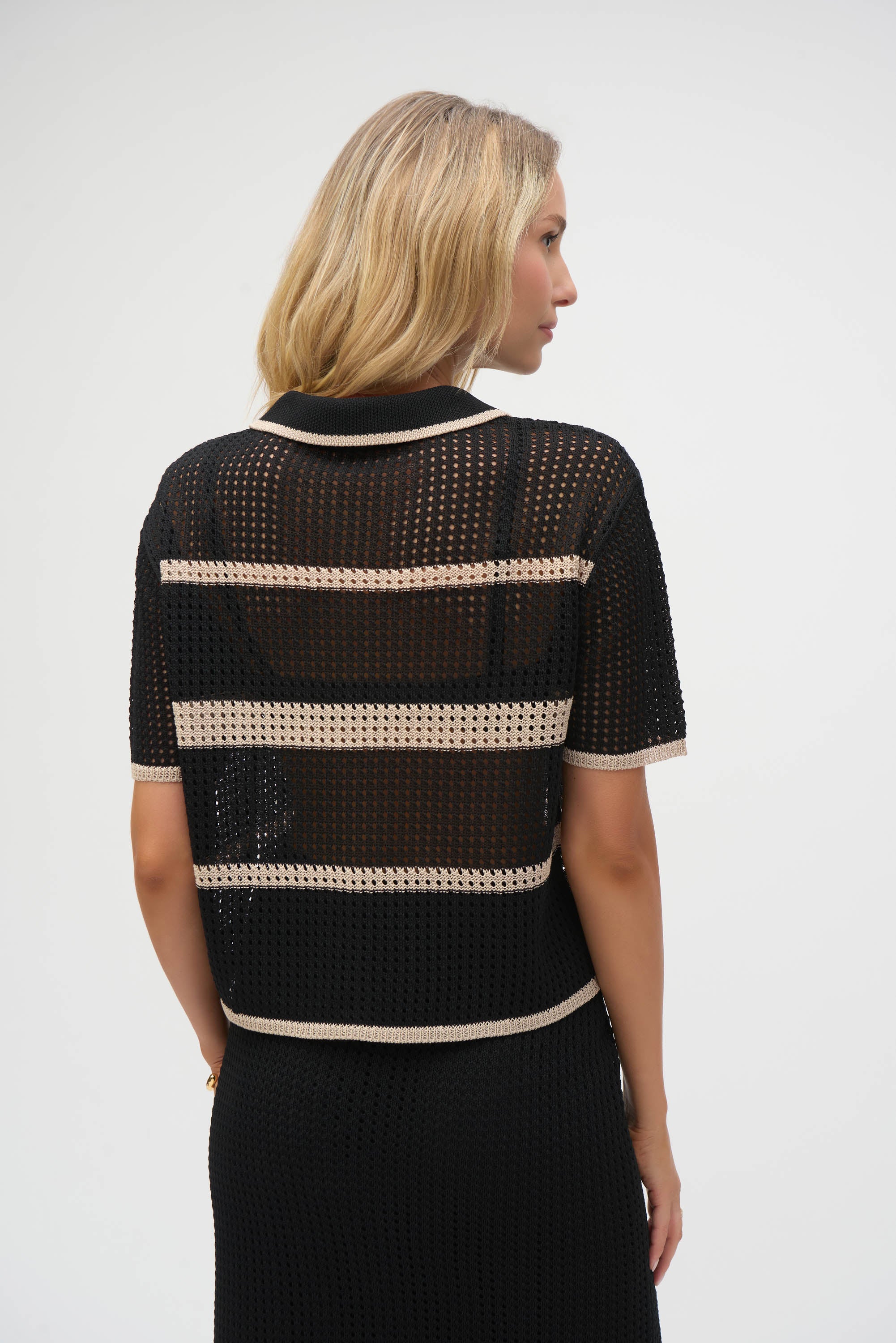 Joseph Ribkoff Knit Open Stitch Stripe Cover Up 252924 - Black/ Parchment