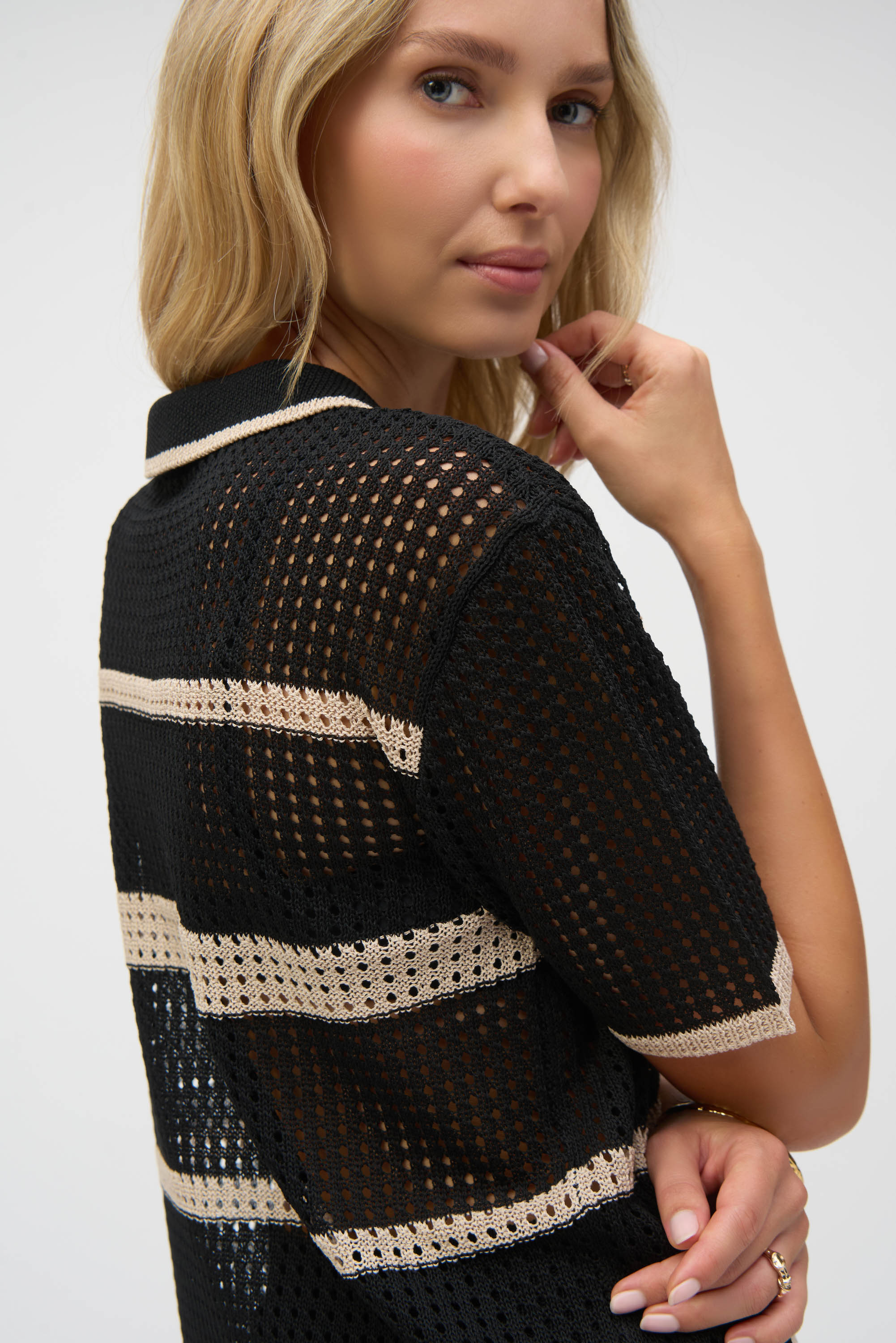 Joseph Ribkoff Knit Open Stitch Stripe Cover Up 252924 - Black/ Parchment