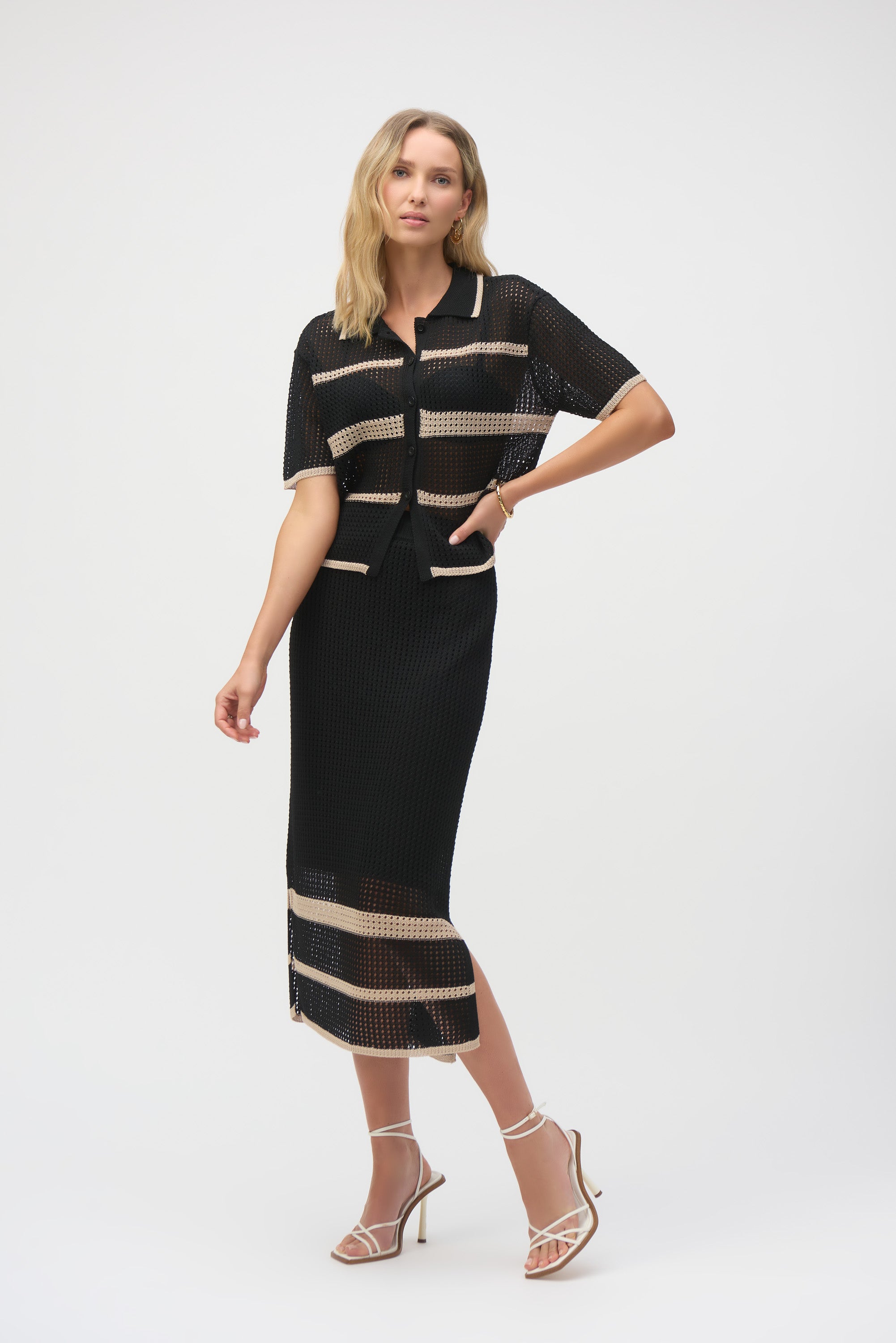 Joseph Ribkoff Sweater Knit Open Stitch Stripe Skirt 252923 - Black/ Parchment