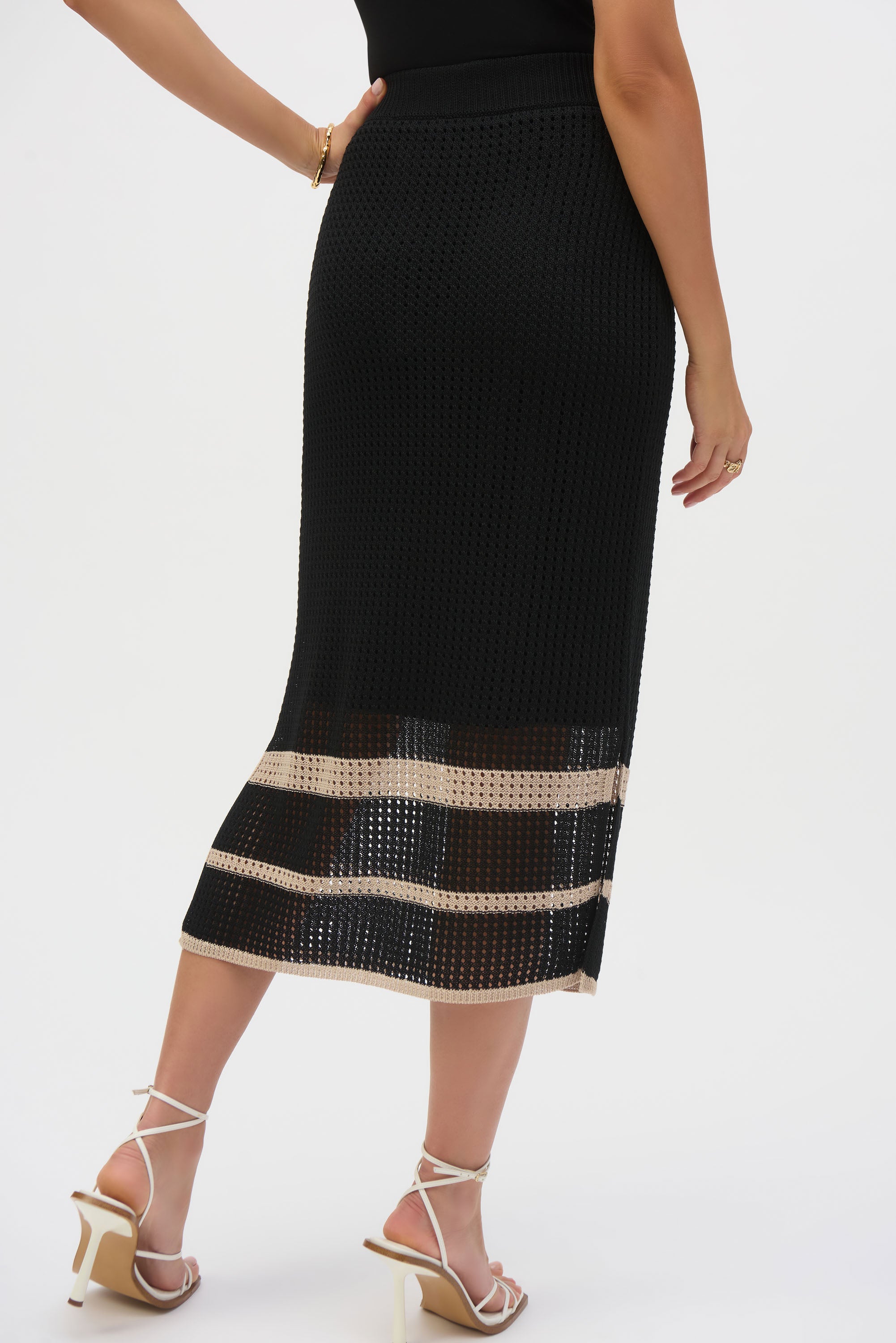 Joseph Ribkoff Sweater Knit Open Stitch Stripe Skirt 252923 - Black/ Parchment