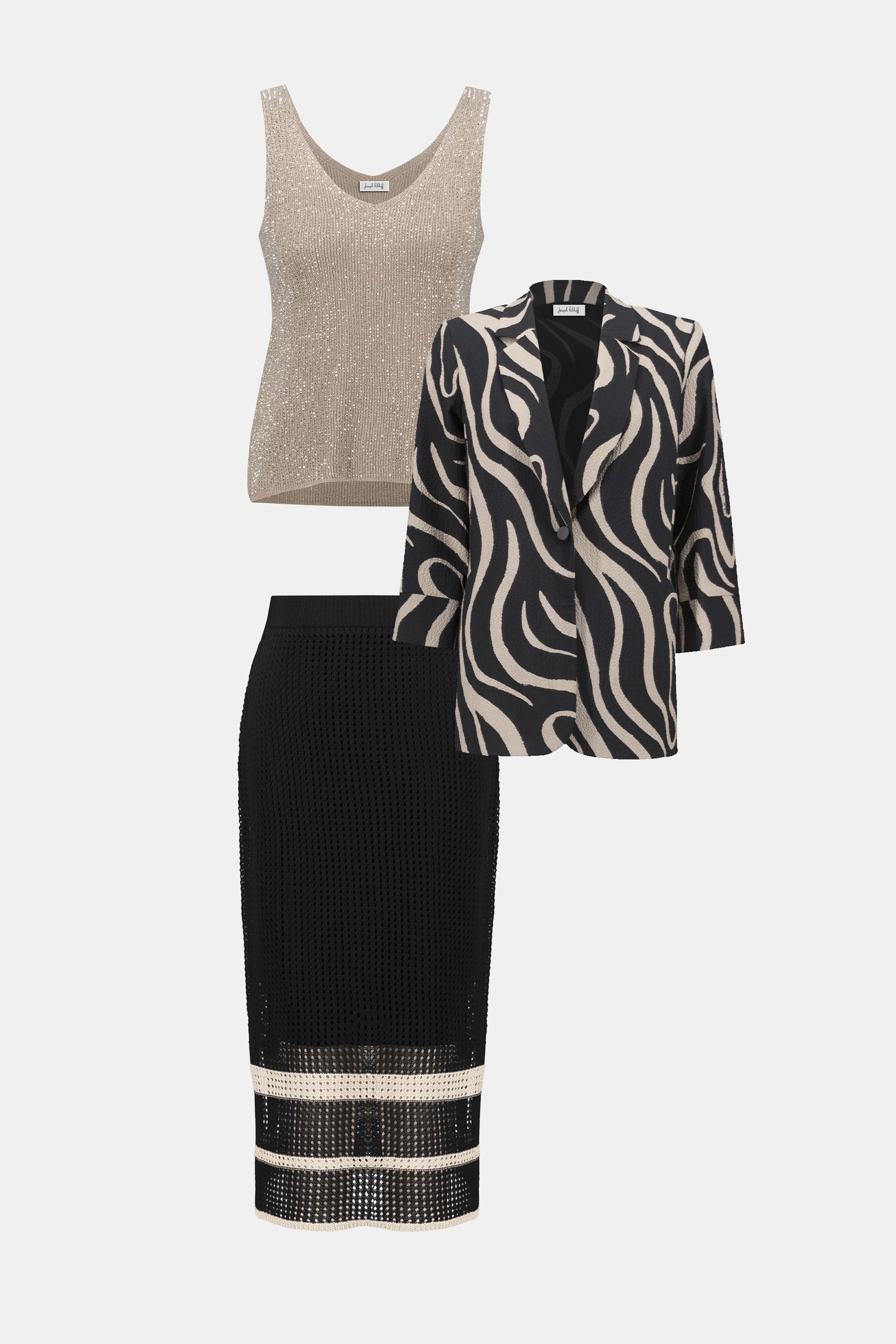 Joseph Ribkoff Sweater Knit Open Stitch Stripe Skirt 252923 - Black/ Parchment