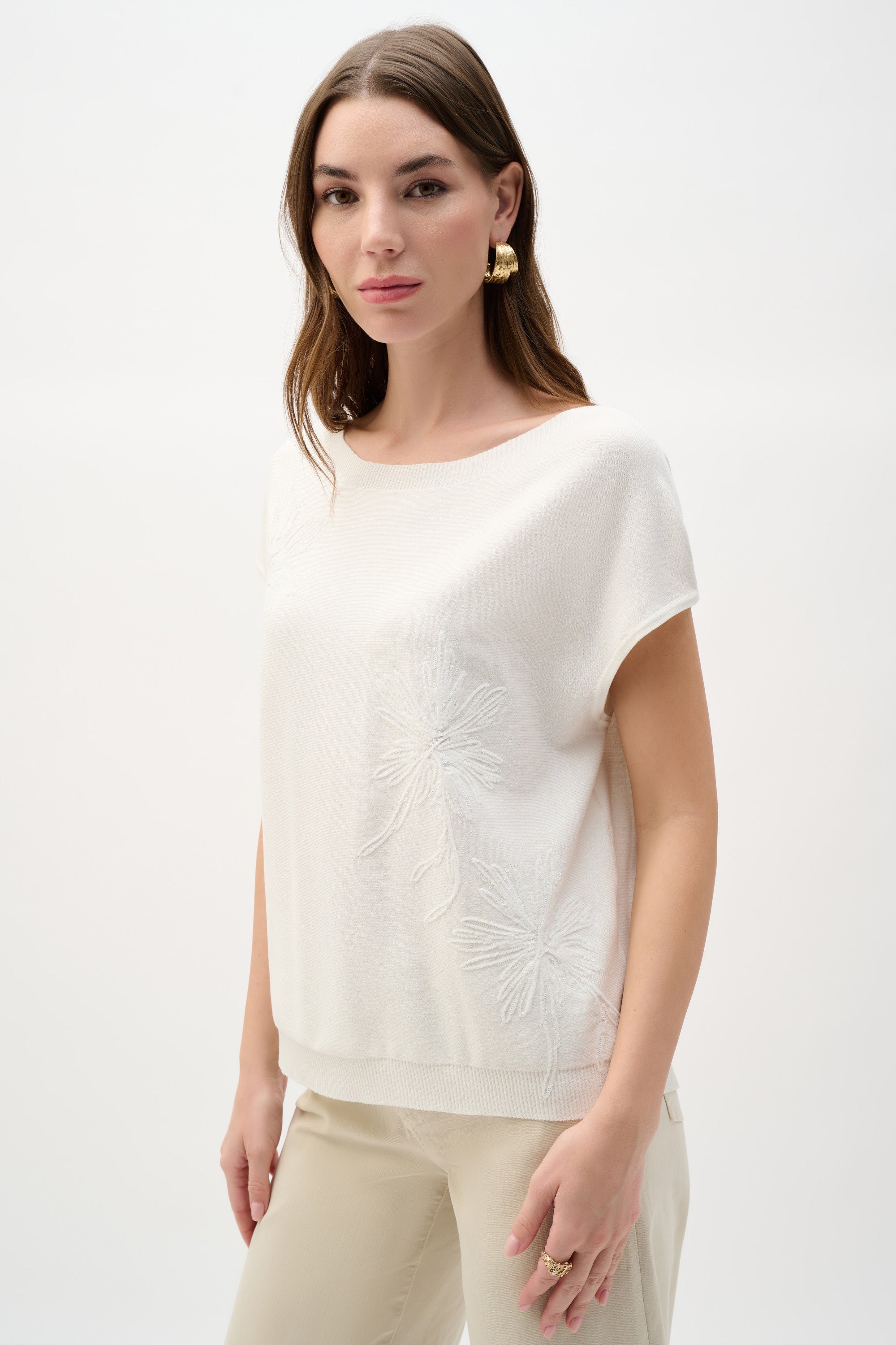 Joseph Ribkoff Sweater Knit Top With Embroided Flowers 262942 - Vanilla