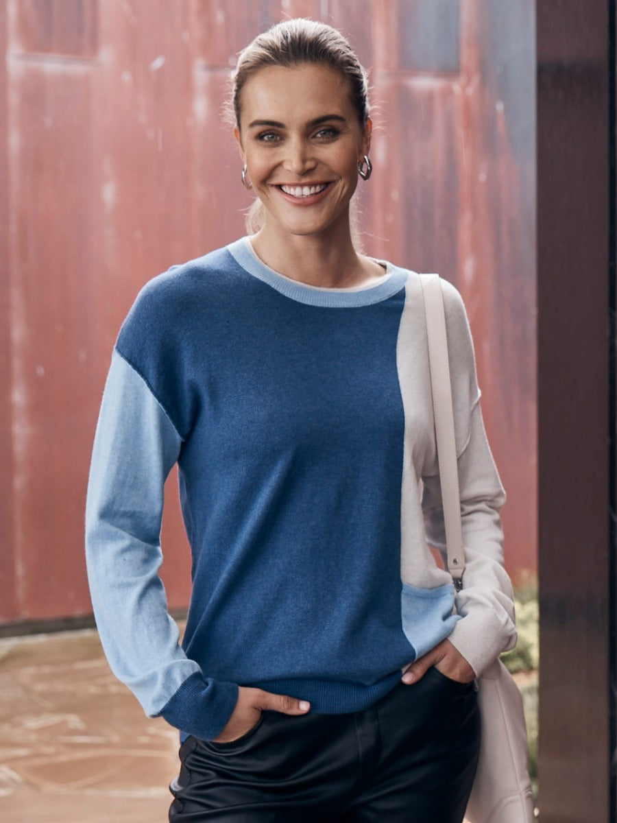 Marco Polo Long Sleeve Block Sweater - Blue Mix