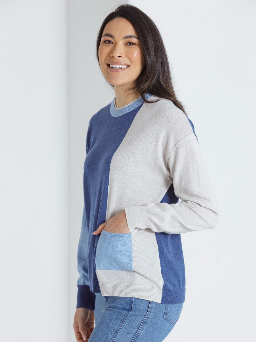 Marco Polo Long Sleeve Block Sweater - Blue Mix