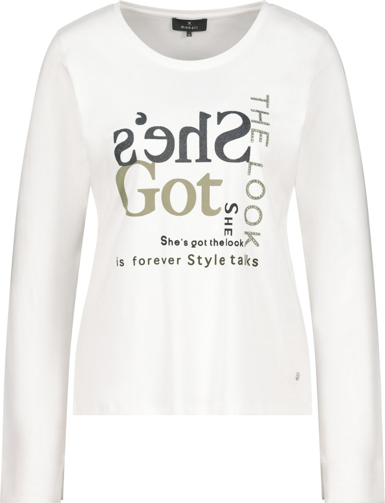 Monari Crew Neck Rhinestone Print Top - Off White