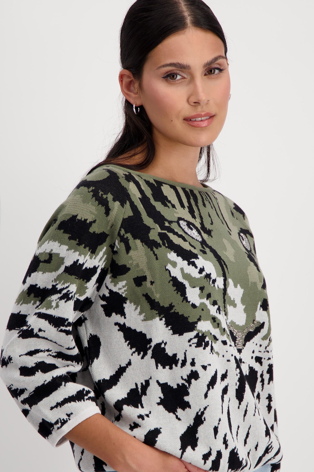 Monari Round Neck Tiger Print Pullover - Khaki/Cloud