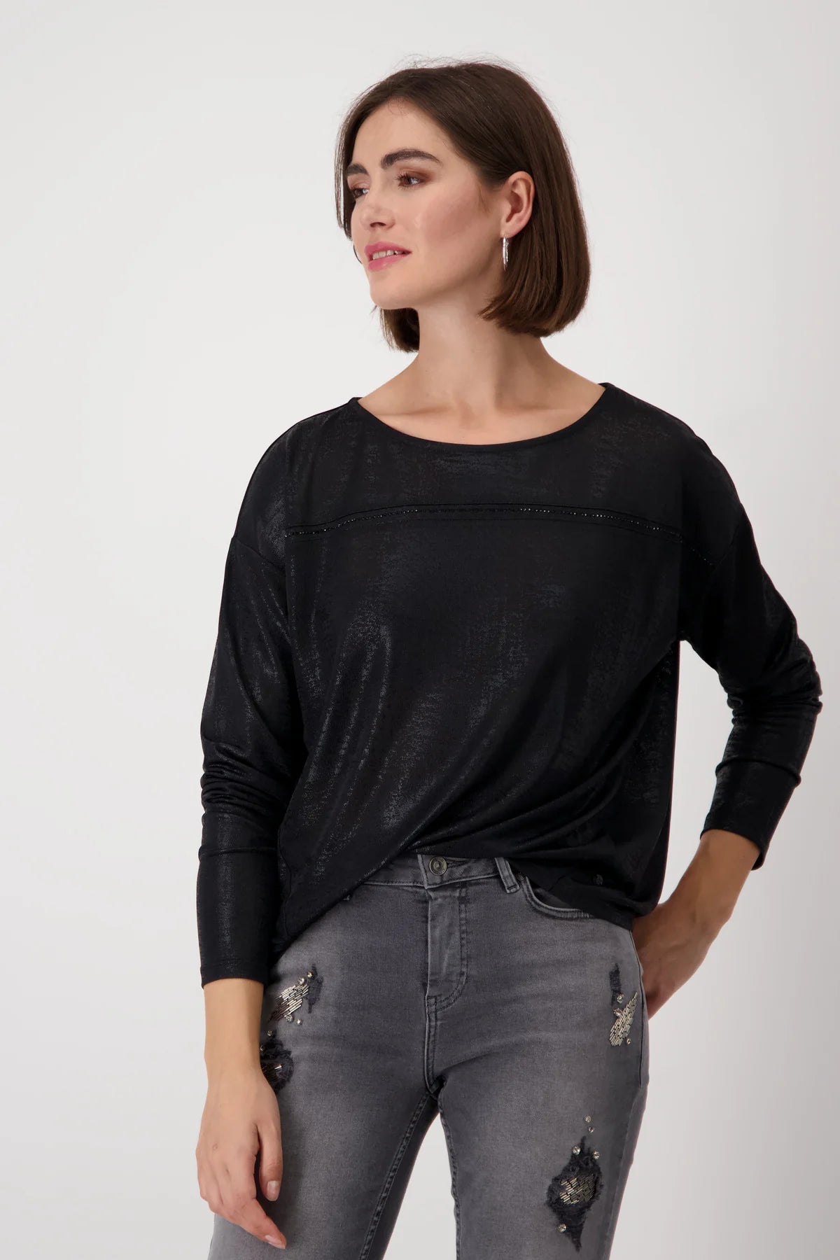 Monari Rhinestone Detail Metalic Top - Black