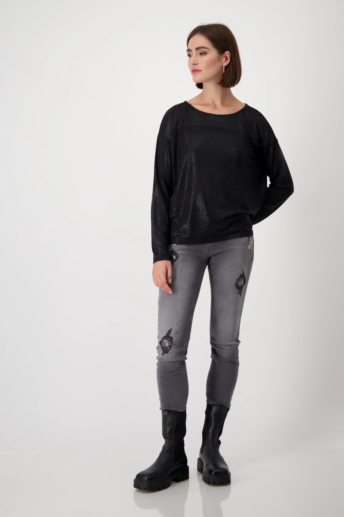 Monari Rhinestone Detail Metalic Top - Black