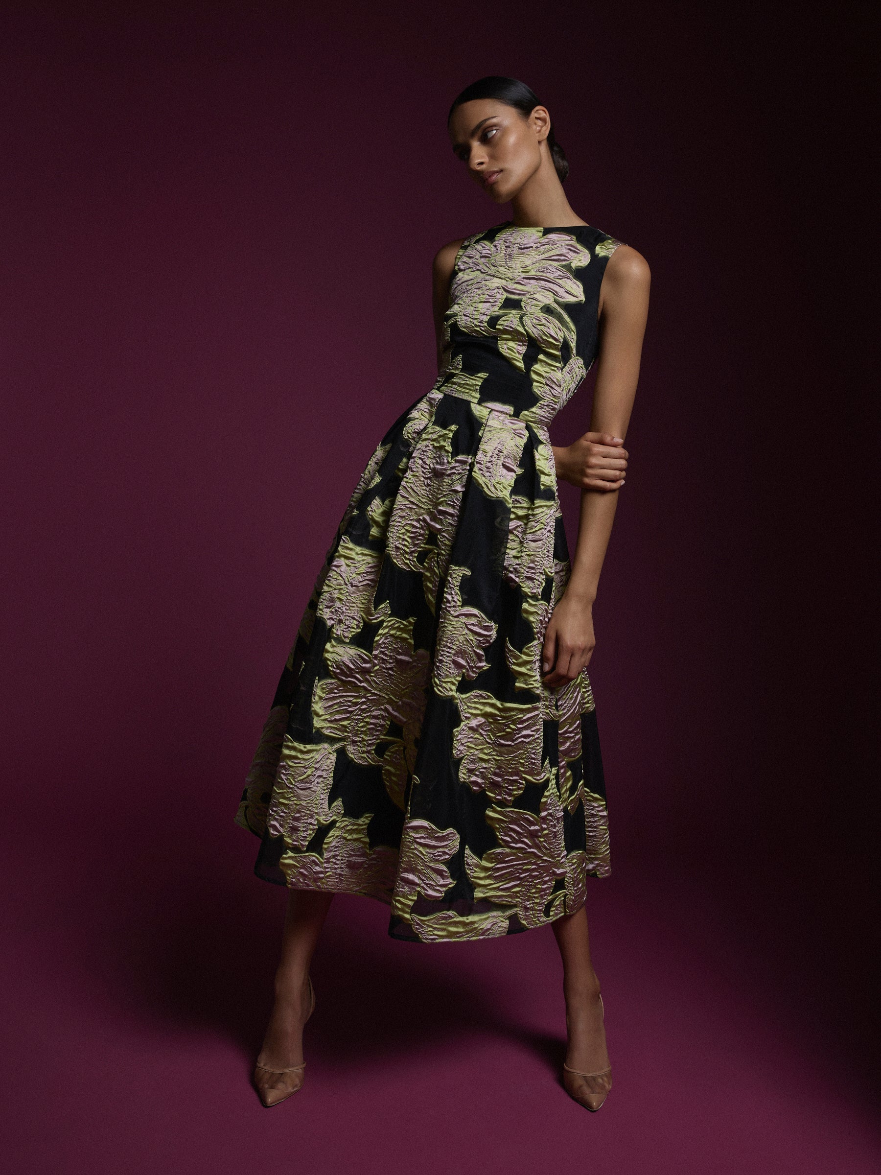 Moss & Spy Florence Midi Dress - Citrus/ Pink/ Black