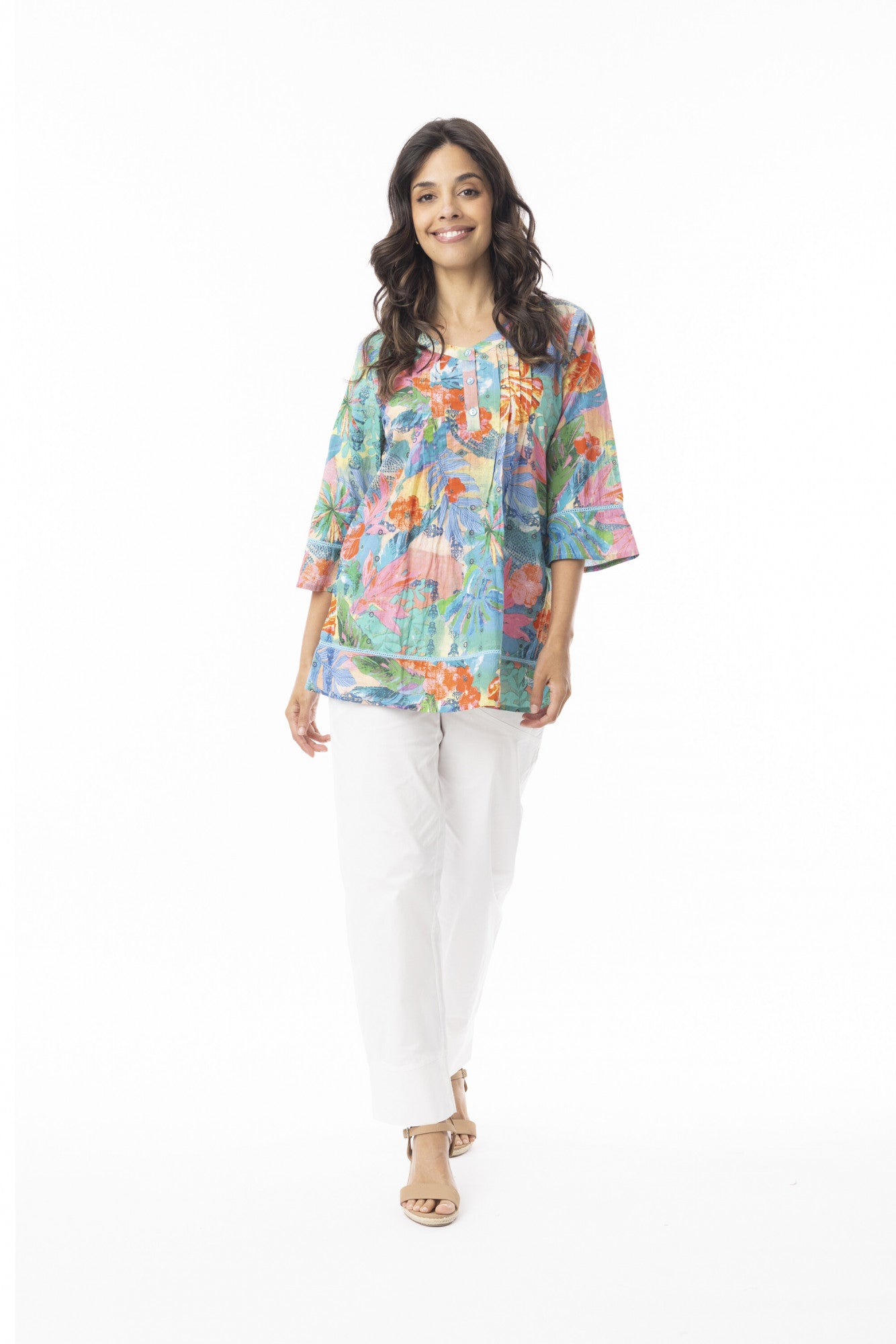 Orientique Malvinas Pleated V-Neck Top - Print