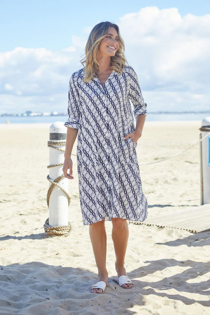 Ping Pong Chain Print Shirt Dress - Blue/ White