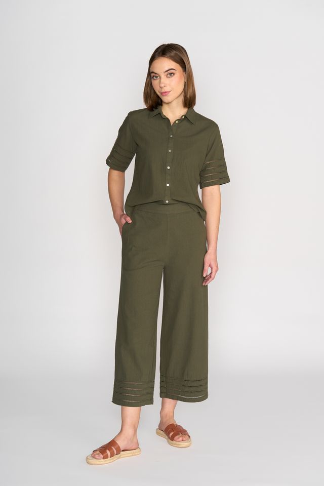 Vassalli Wide Leg 7/8 Pant With Cuff Trim - Olive