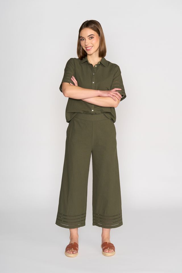 Vassalli Wide Leg 7/8 Pant With Cuff Trim - Olive