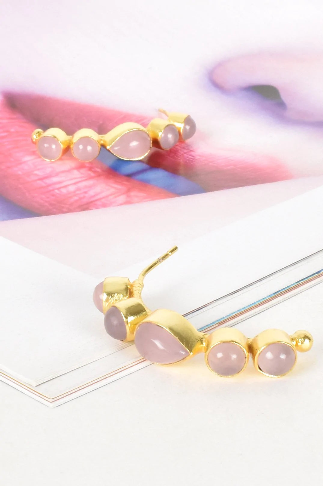 Adorne Semi Precious Stone Hoop Earings - Pink/ Gold