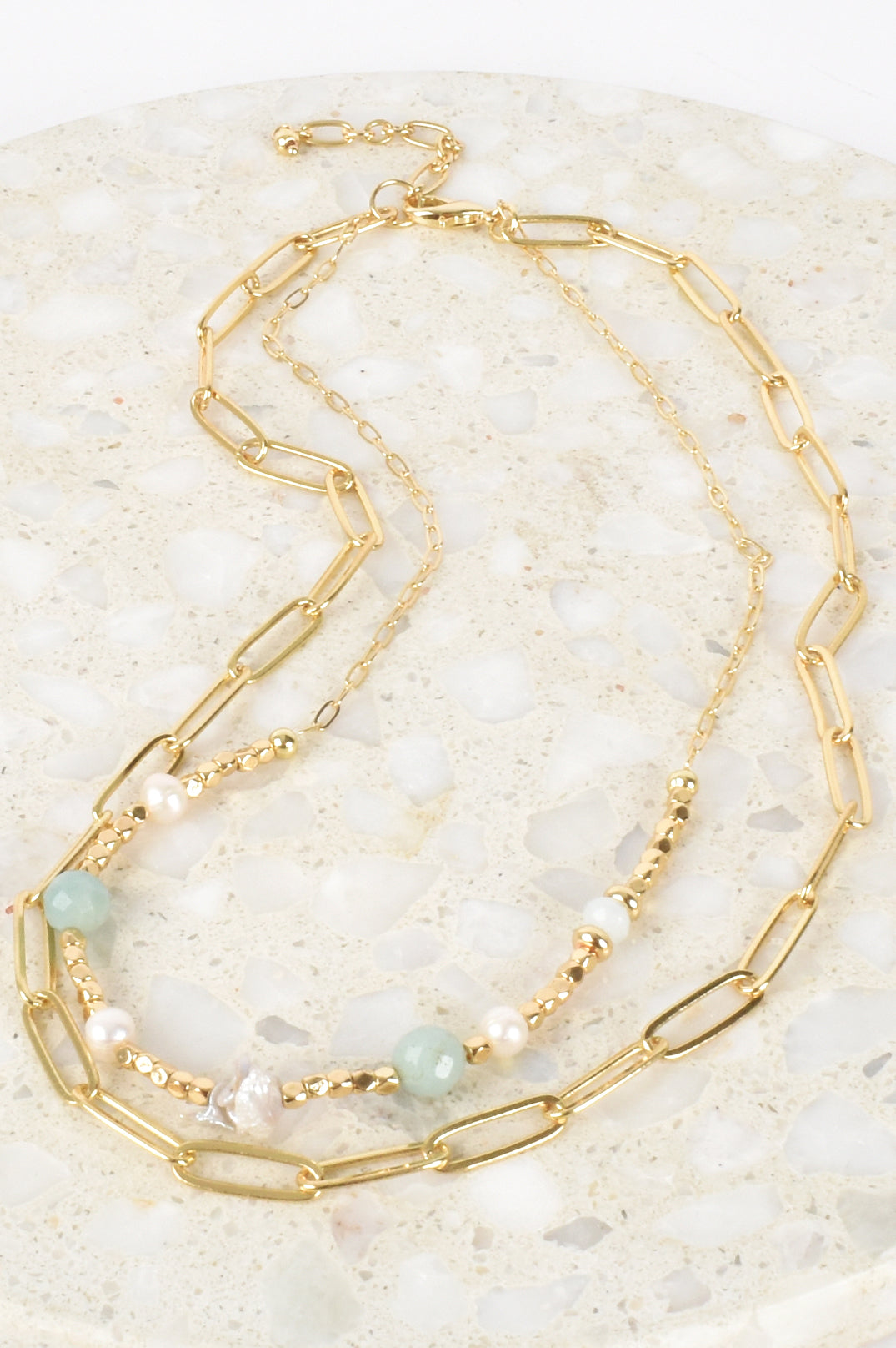 Adorne Bead Chain Duo Neclace  - Mint/Gold